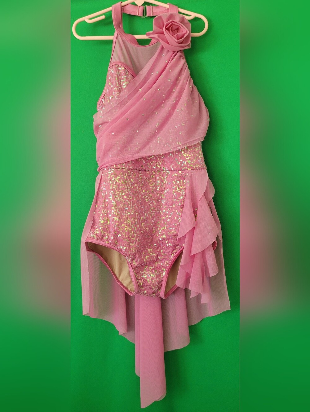 Weissman The Rose Draped Rosette Pink Sequin Dance Costume Floral Accent Sz LC